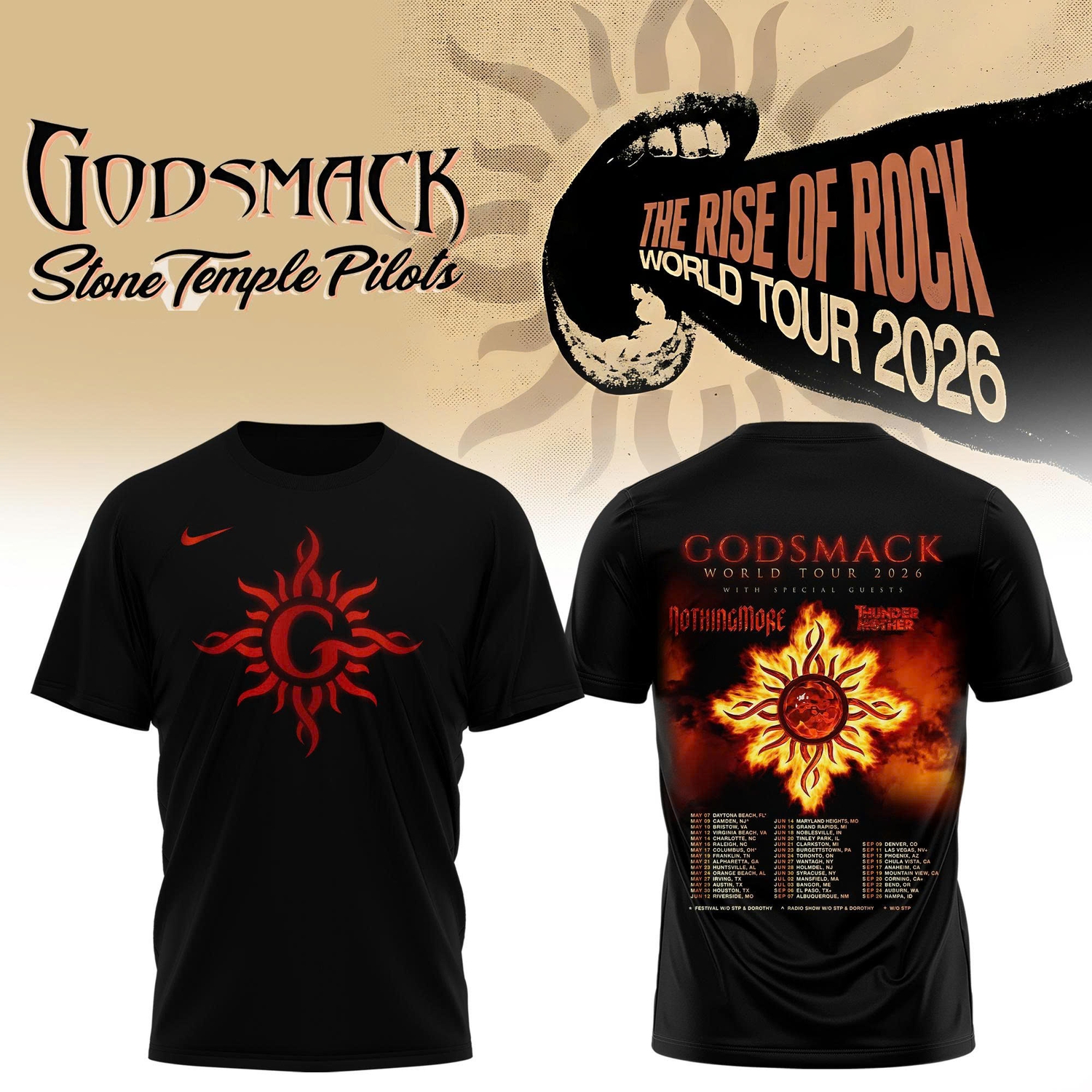 Godsmack 2026 The Rise of Rock World Tour Sun Logo Concert T-Shirt Godsmack 2026 The Rise of Rock World Tour Sun Logo Concert T-Shirt