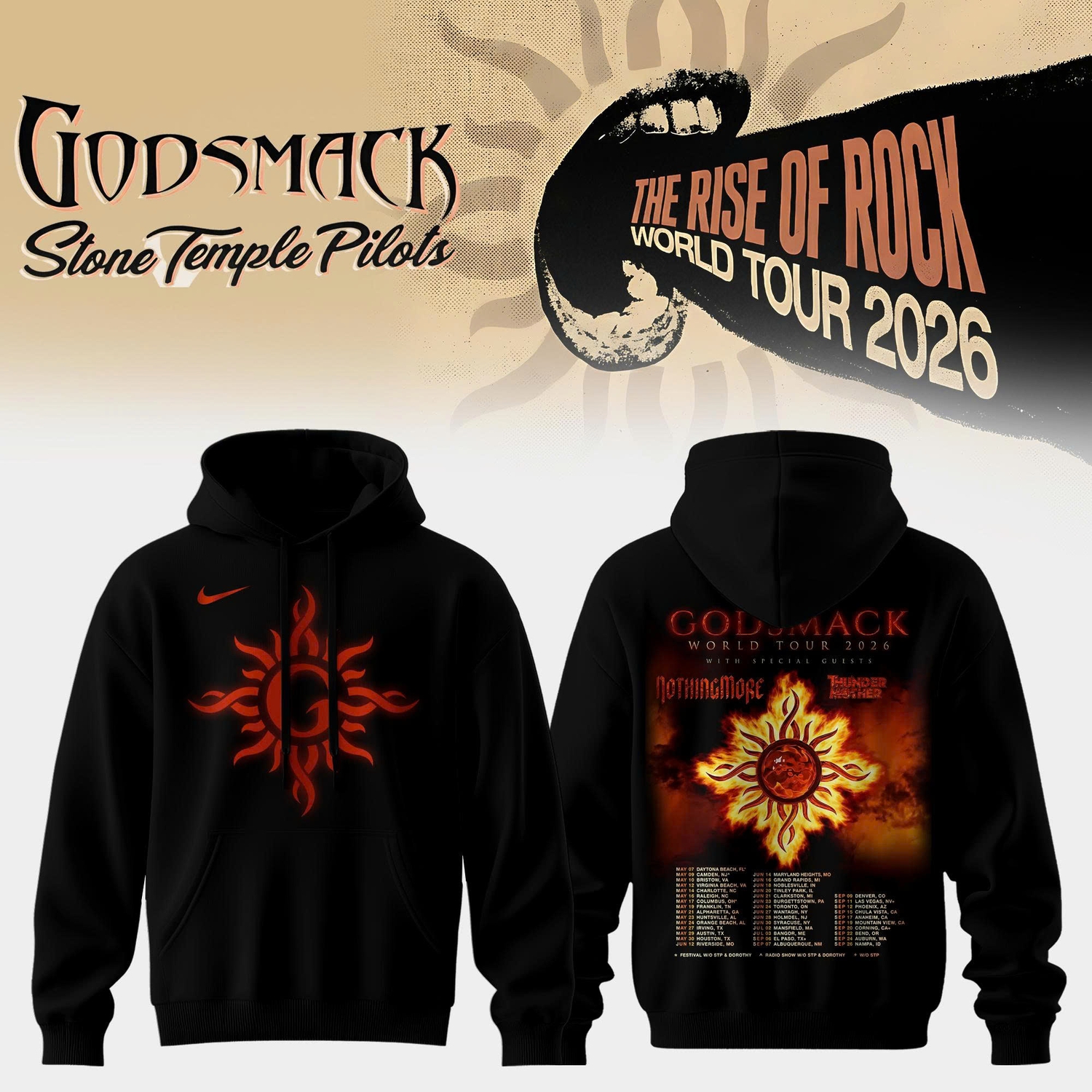 Godsmack 2026 The Rise of Rock World Tour Sun Logo Graphic Hoodie Godsmack 2026 The Rise of Rock World Tour Sun Logo Graphic Hoodie
