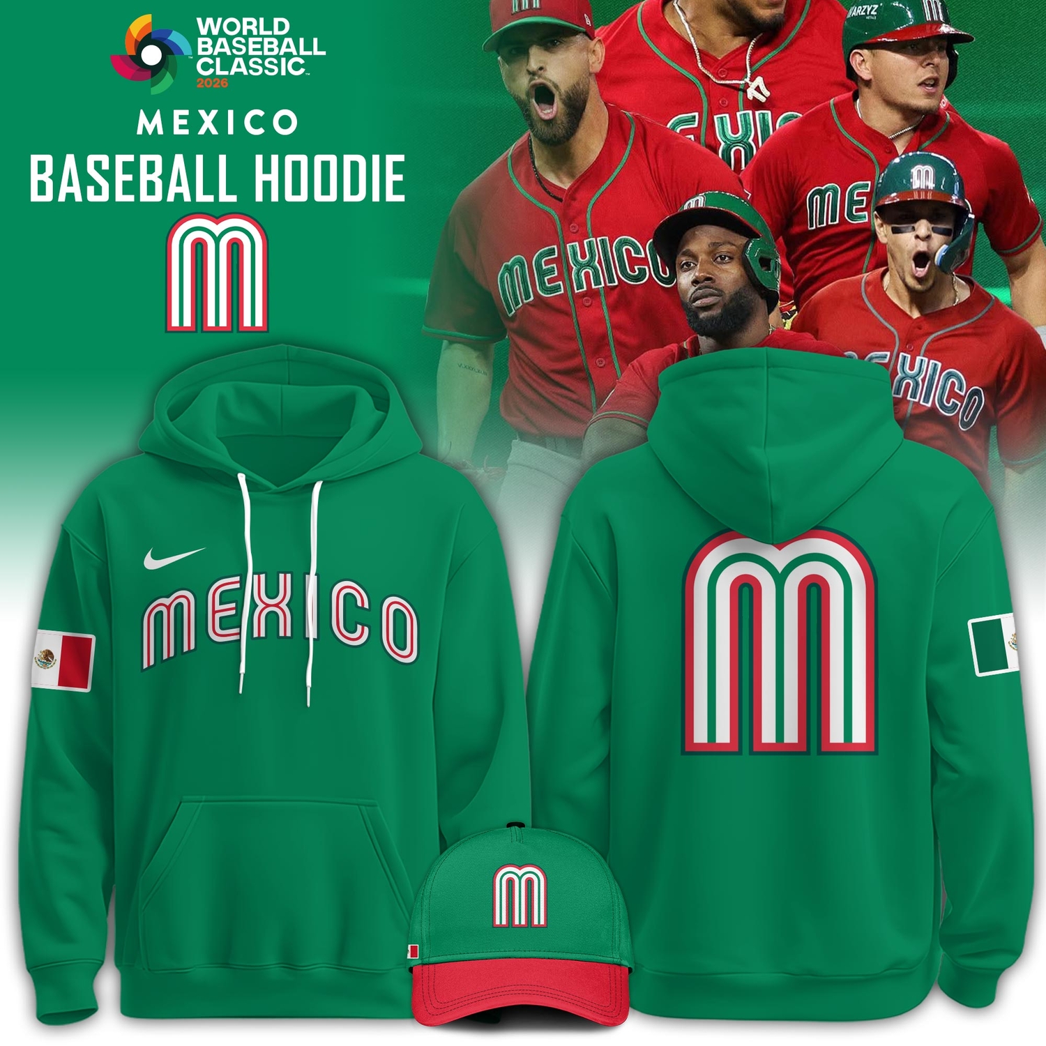 Mexico Baseball 2026 World Baseball Classic Hoodie Limited Edition Green Mexico Baseball 2026 World Baseball Classic Hoodie Limited Edition Green