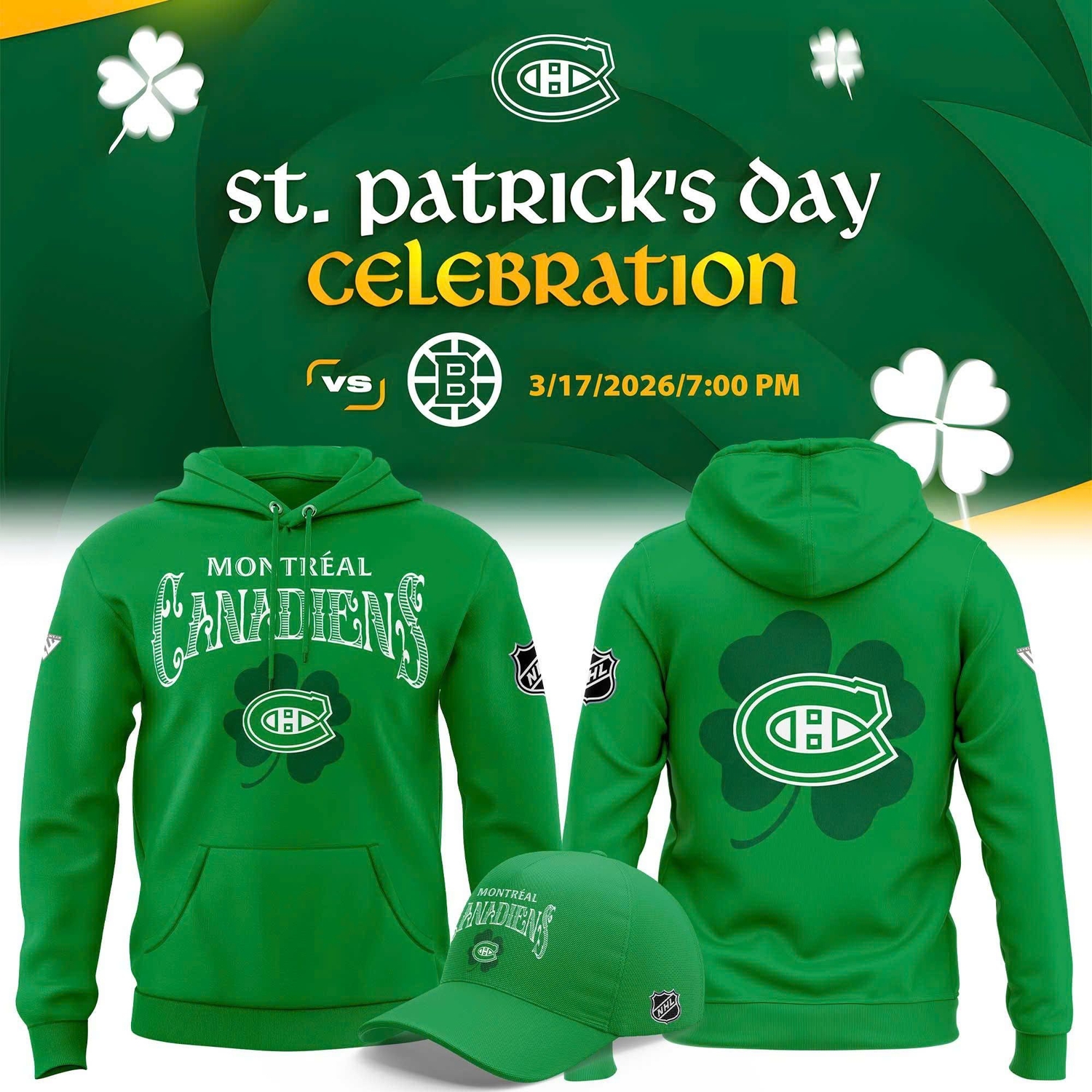 Montreal Canadiens St. Patrick’s Day Shamrock Graphic Hoodie Montreal Canadiens St. Patrick’s Day Shamrock Graphic Hoodie