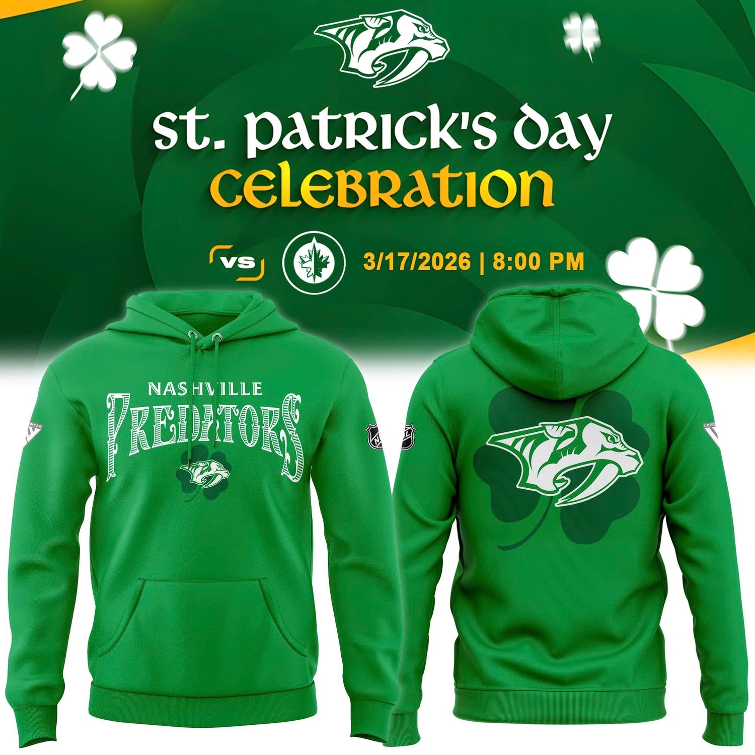 Nashville Predators St. Patrick’s Day Shamrock Graphic Hoodie Nashville Predators St. Patrick’s Day Shamrock Graphic Hoodie