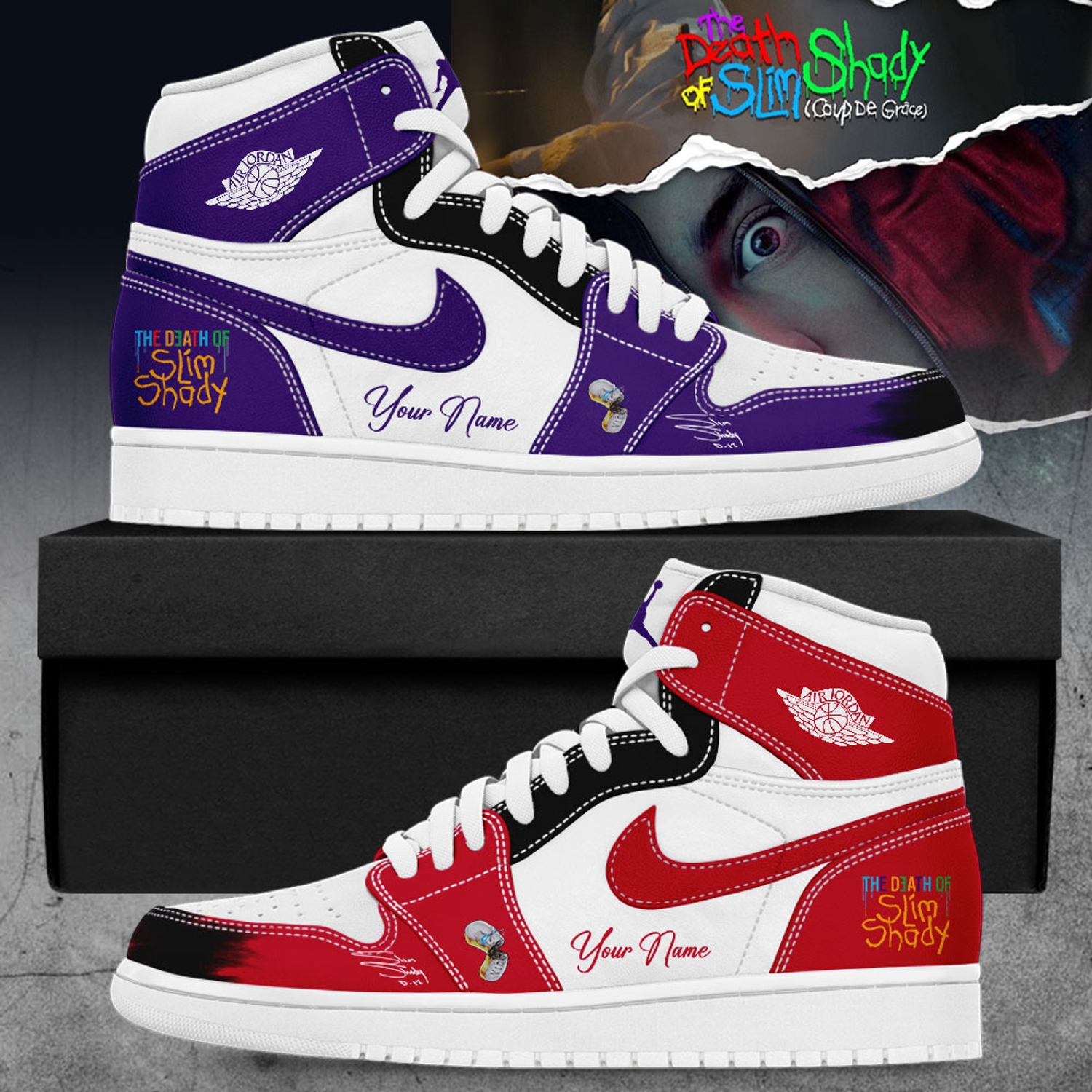 The Slim Shady LP & The Death of Slim Shady Custom Name Jordan 1 Style Sneakers The Slim Shady LP & The Death of Slim Shady Custom Name Jordan 1 Style Sneakers