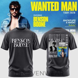 Benson Boone Wanted Man Tour 2026 Graphic Black TShirt by Drovenwear.com