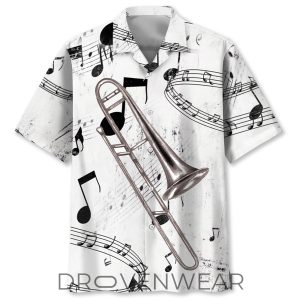 Black and White Trombone Pattern Hawaiian Shirt by Drovenwear.com