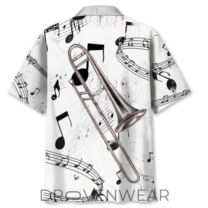 Black and White Trombone Pattern Hawaiian Shirt - Image 2