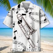 Black and White Trombone Pattern Hawaiian Shirt - Image 3