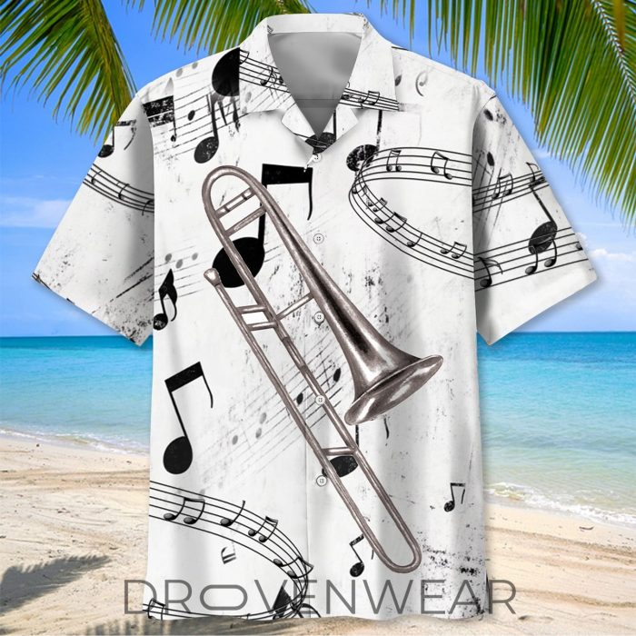 Black and White Trombone Pattern Hawaiian Shirt - Image 3