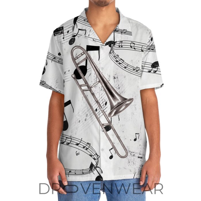 Black and White Trombone Pattern Hawaiian Shirt - Image 5