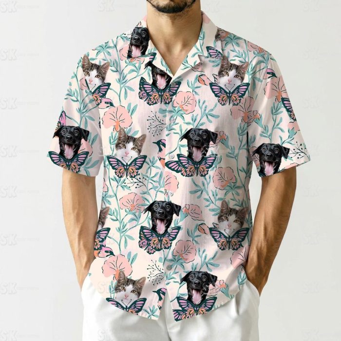 Custom Tropical Hawaiian Shirt Cats Dogs Butterflies with Personalized Photo - Image 2
