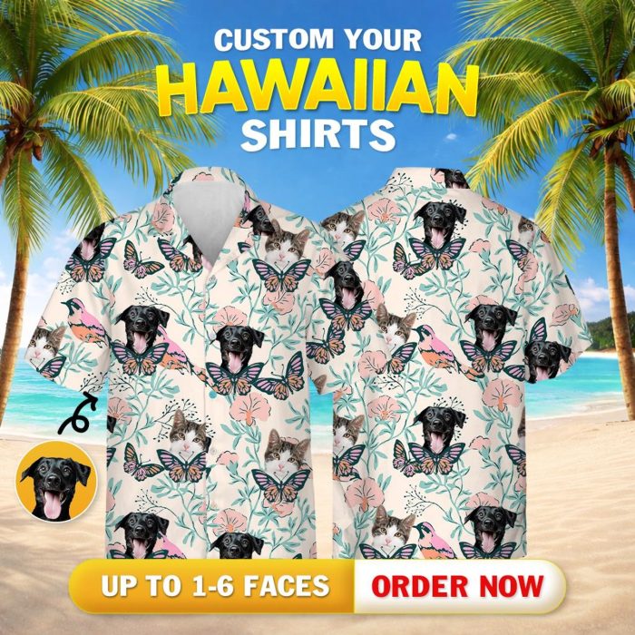Custom Tropical Hawaiian Shirt Cats Dogs Butterflies with Personalized Photo - Image 4