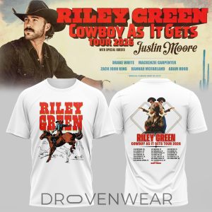 Riley Green Cowboy As It Gets Tour 2026 White Graphic TShirt by Drovenwear.com