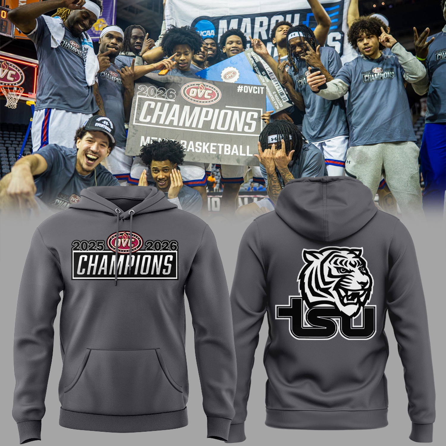 Tennessee State Tigers Men’s Basketball OVC Tourney Champions 2026 Hoodie Tennessee State Tigers Men’s Basketball OVC Tourney Champions 2026 Hoodie