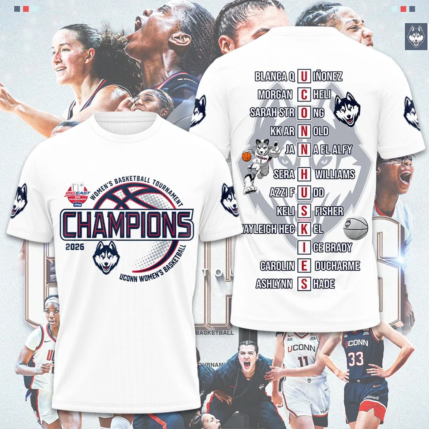 UConn Huskies Women’s Basketball 2026 Big East Champions 3D Fan T-Shirt White UConn Huskies Women’s Basketball 2026 Big East Champions 3D Fan T-Shirt White
