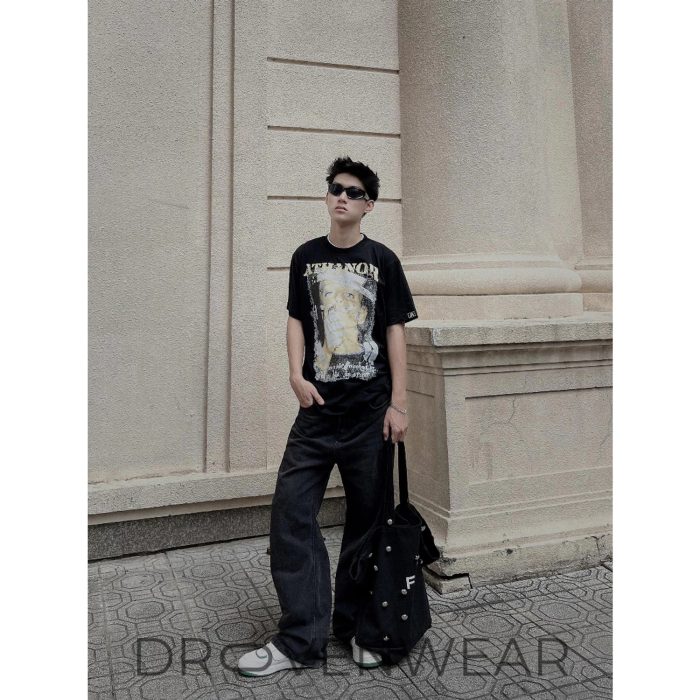 Athanor Vintage Portrait Graphic Tee - Oversized Black Streetwear T-Shirt - Image 3