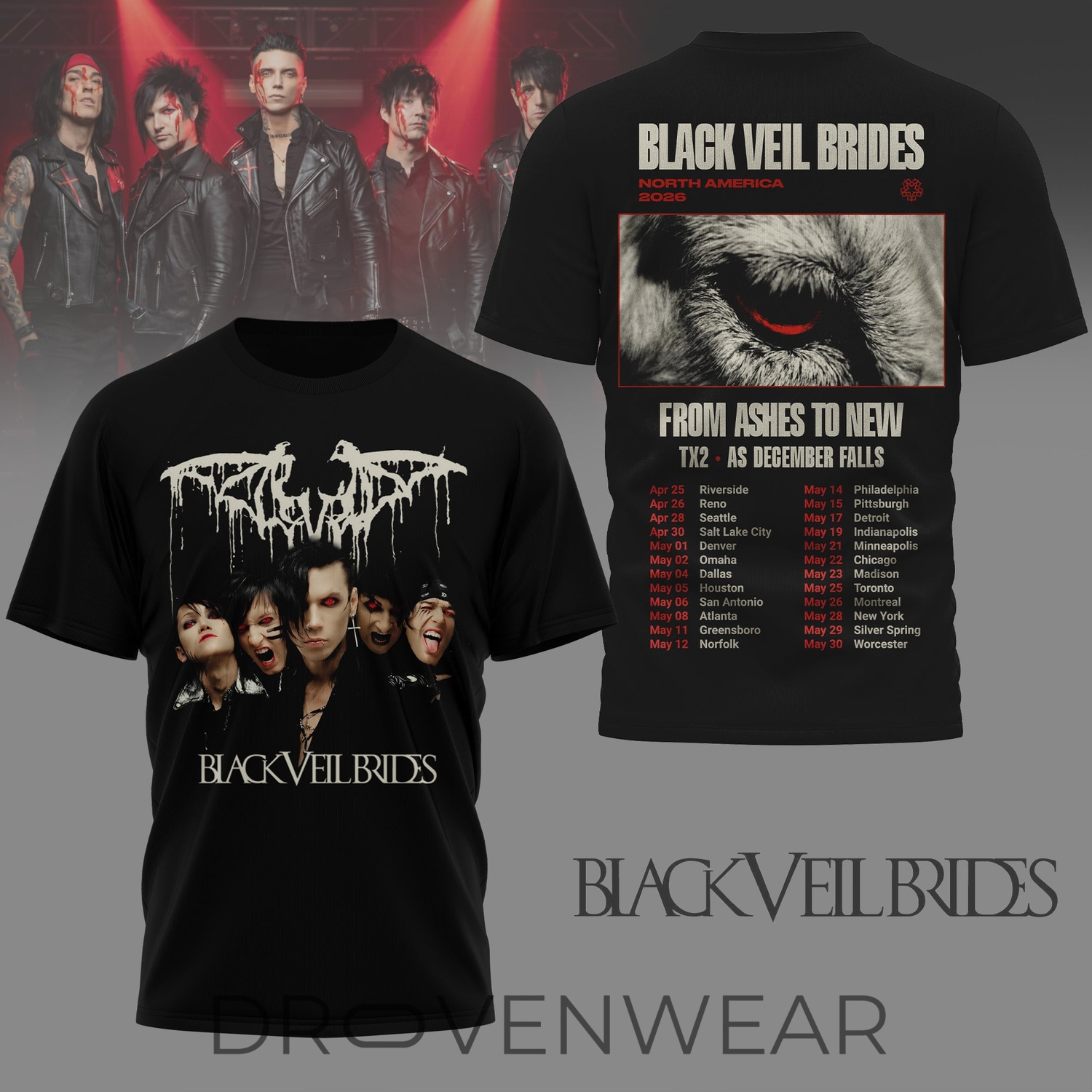 Black Veil Brides 2026 North America Tour Schedule Graphic Shirt Black Veil Brides 2026 North America Tour Schedule Graphic Shirt