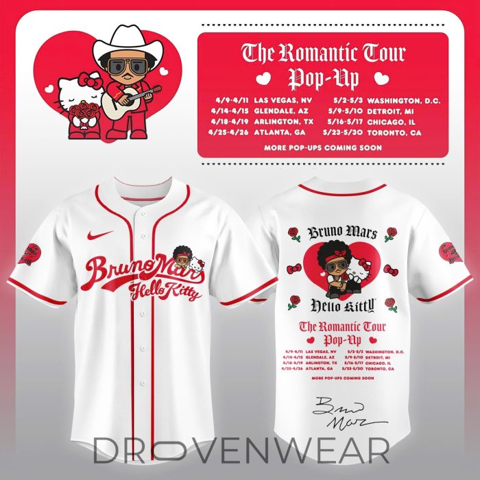 Bruno Mars Hello Kitty Romantic Tour Music Baseball Jersey - Image 4