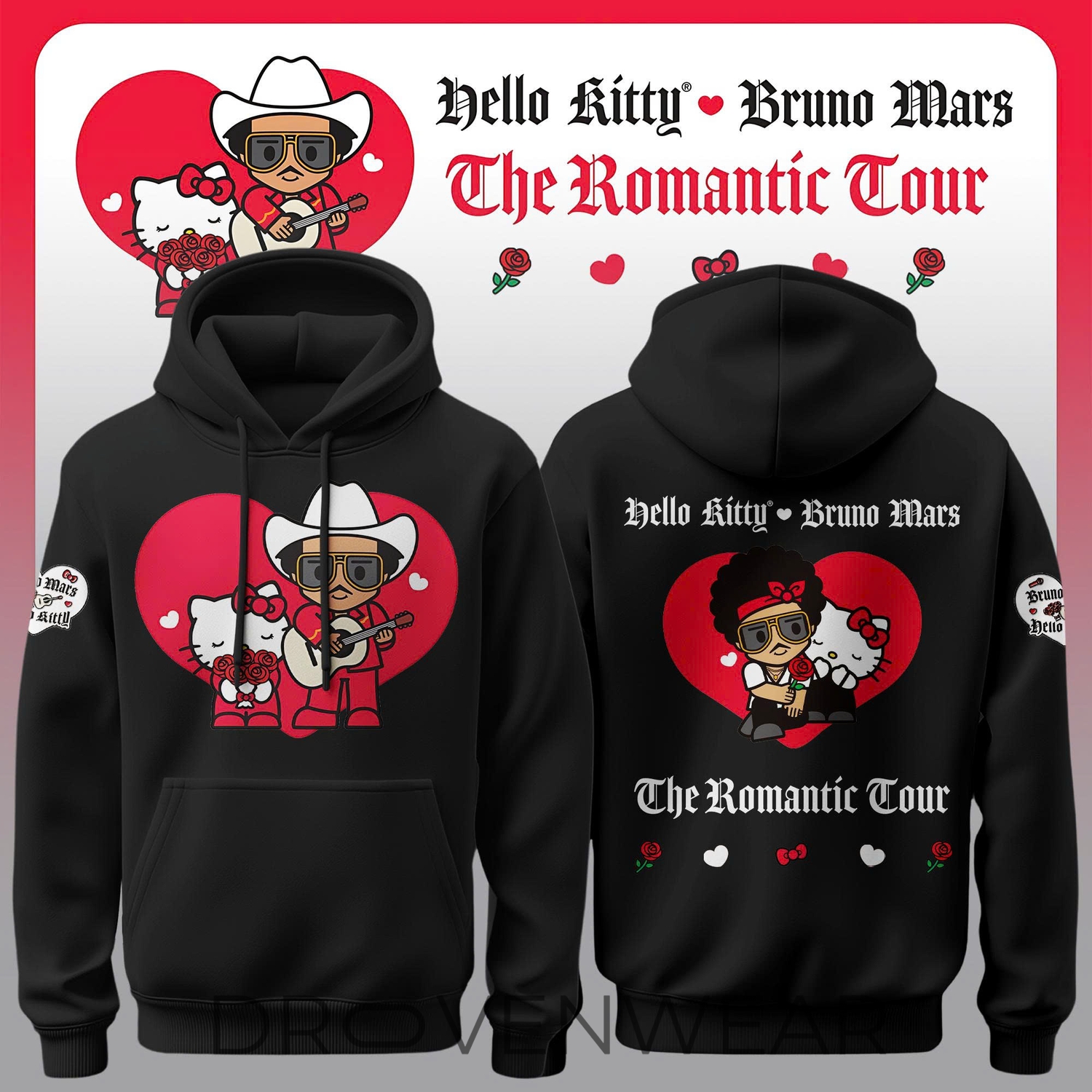 Bruno Mars x Hello kitty "The Romantic Tour" Black Hoodie Bruno Mars x Hello kitty "The Romantic Tour" Black Hoodie