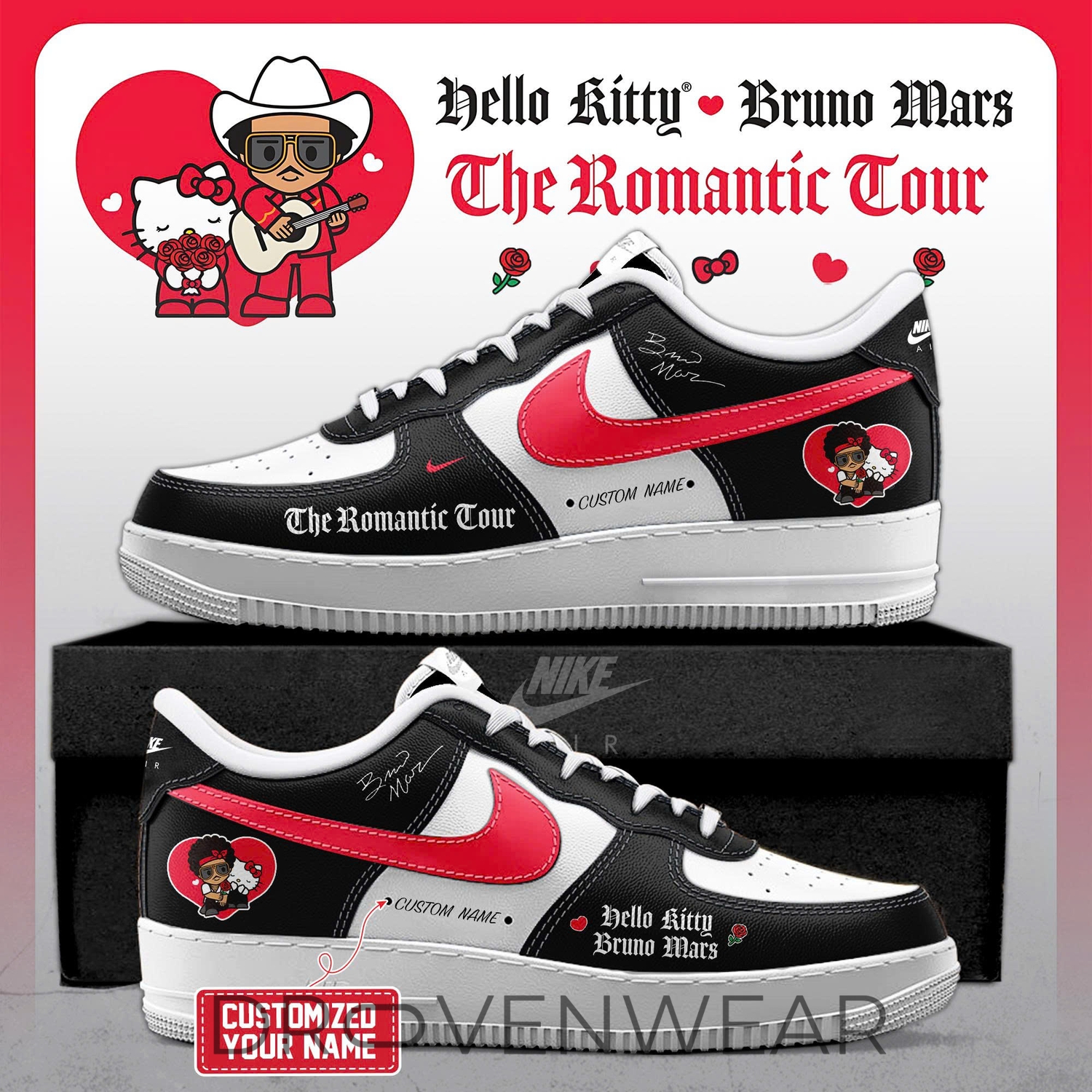 Bruno Mars x Hello kitty "The Romantic Tour" Limited Edition Black AF1 Sneakers Bruno Mars x Hello kitty "The Romantic Tour" Limited Edition Black AF1 Sneakers