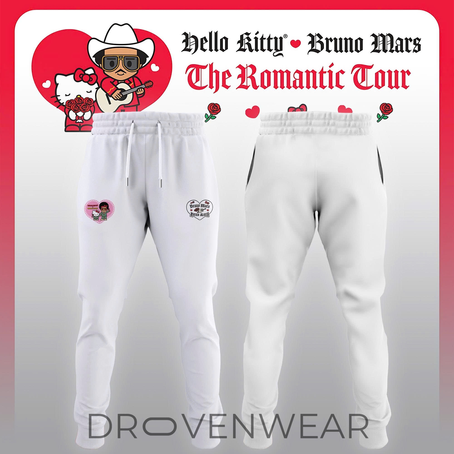 Bruno Mars x Hello kitty "The Romantic Tour" Pink White Hoodie Bruno Mars x Hello kitty "The Romantic Tour" Pink White Hoodie