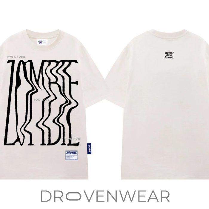 Drovenwear Never Too Late Wavy Typography Graphic T-Shirt – Abstract Motivational Streetwear Tee - Image 4