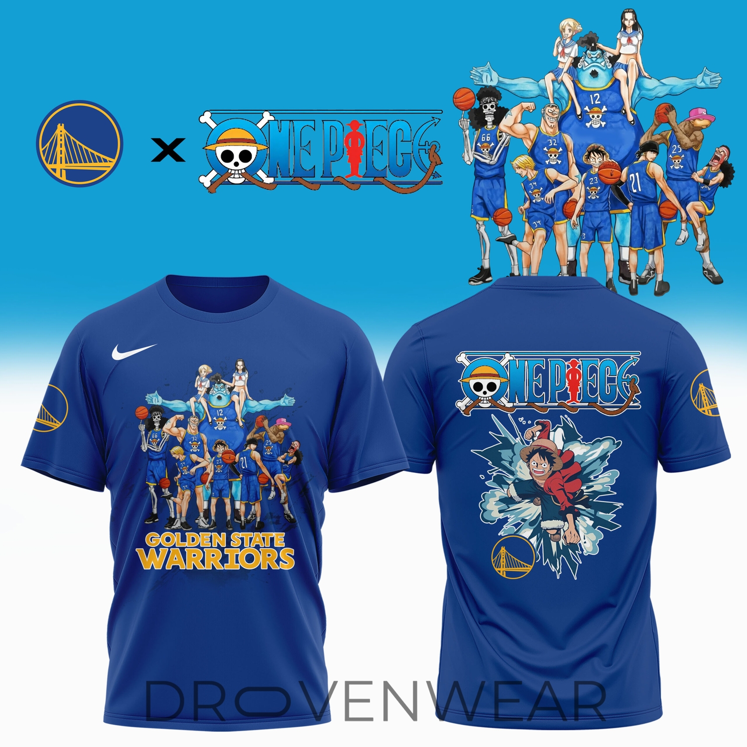 Golden State Warriors x One Piece T-Shirt - Speed, Power, and Anime Energy Golden State Warriors x One Piece T-Shirt - Speed, Power, and Anime Energy