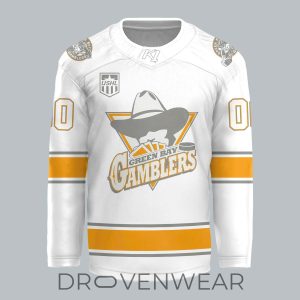 Green Bay Gamblers 2026 Throwback White Out Hockey Jersey by Drovenwear.com