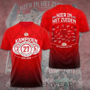 PSV Eindhoven Champions 2026 3D Tshirt by Drovenwear.com