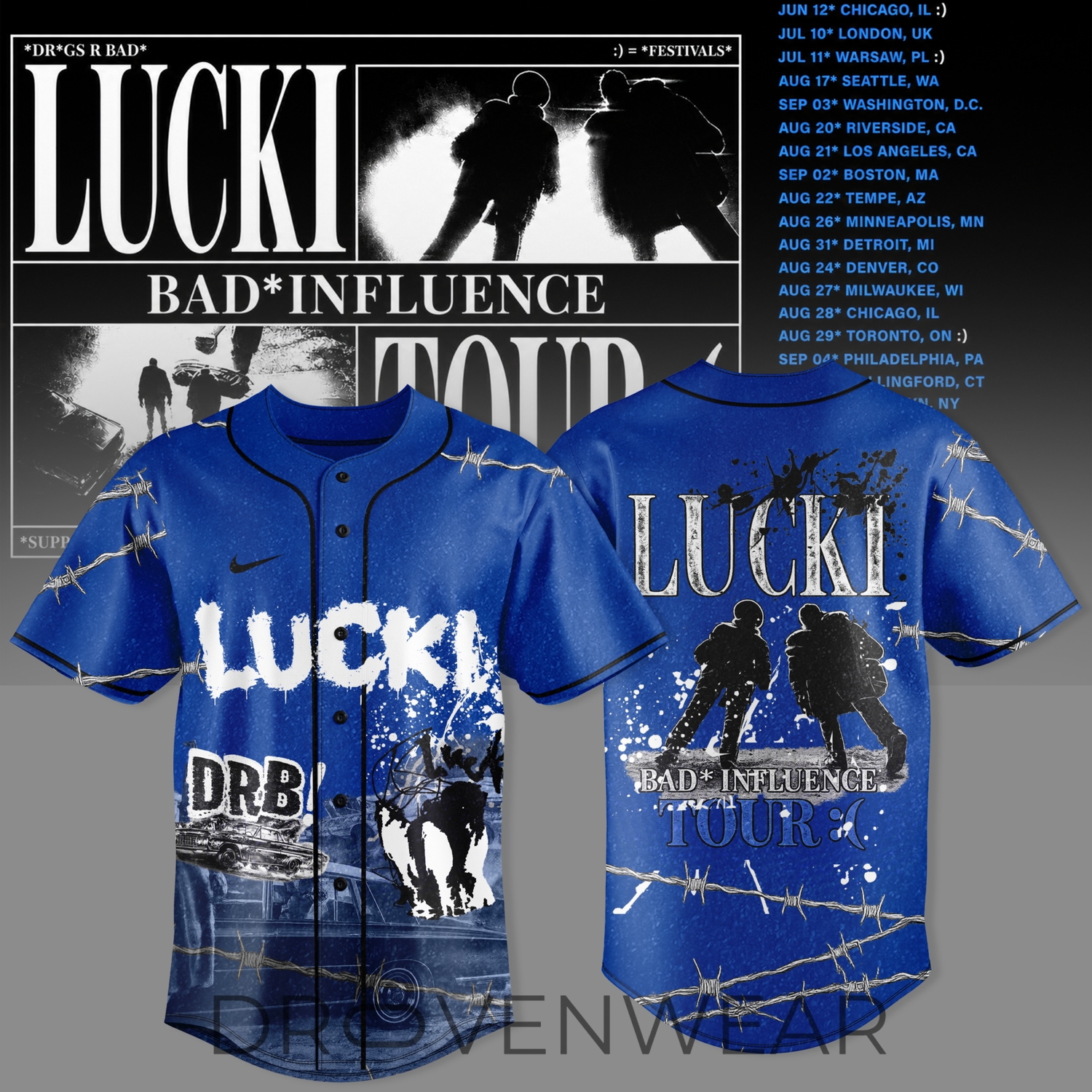 Lucki Bad Influence Tour 2026 Deadboylife Custom Baseball Jersey Lucki Bad Influence Tour 2026 Deadboylife Custom Baseball Jersey