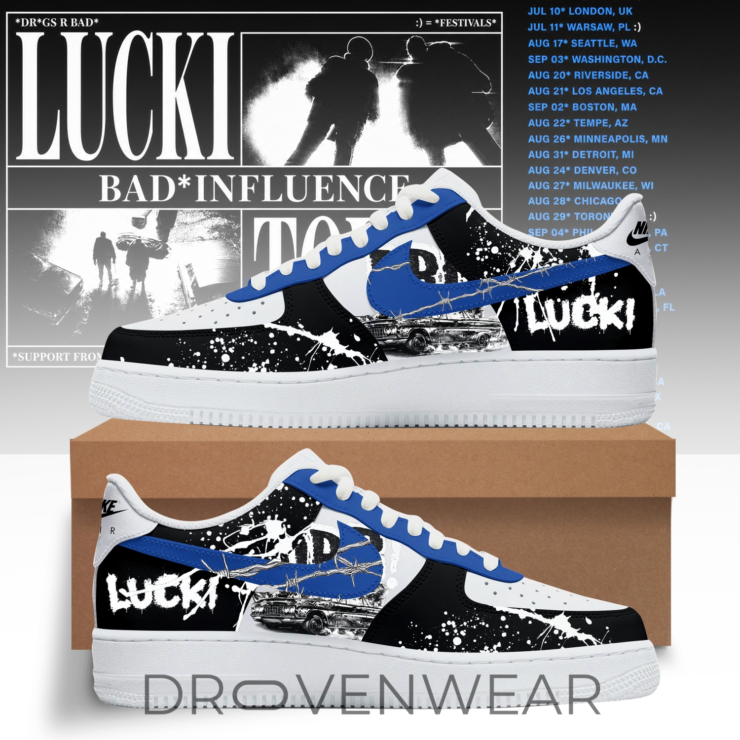 Lucki Bad Influence Tour 2026 Deep Blue Barbed Air Force 1 Sneakers Lucki Bad Influence Tour 2026 Deep Blue Barbed Air Force 1 Sneakers