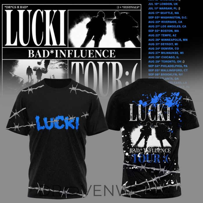 Lucki Bad Influence Tour 2026 Deep Blue Barbed Graphic Shirt - Image 2