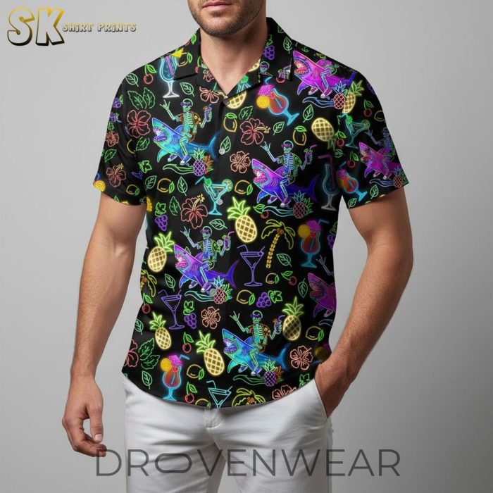 Neon Tropical Black Hawaiian Shirt With Flamingos Palm Trees And Cocktails - Image 2