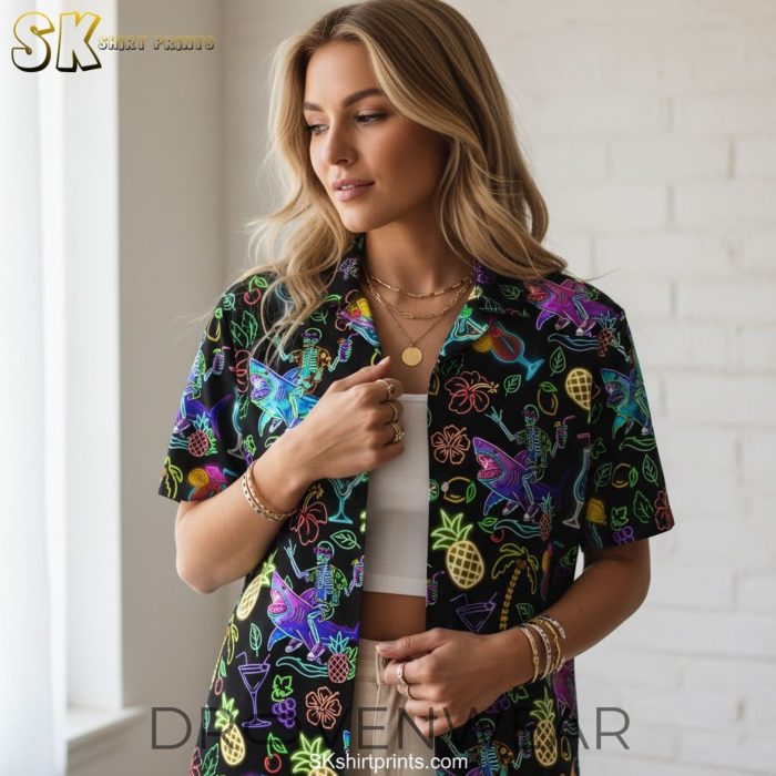 Neon Tropical Black Hawaiian Shirt With Flamingos Palm Trees And Cocktails - Image 4