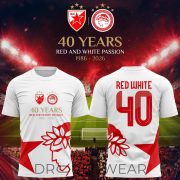 Olympiacos FC 40 Years of Red and White Passion Anniversary Graphic T-Shirt