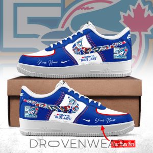 Toronto Blue Jays 50th Anniversary Royal Blue AF1 Sneakers by Drovenwear.com
