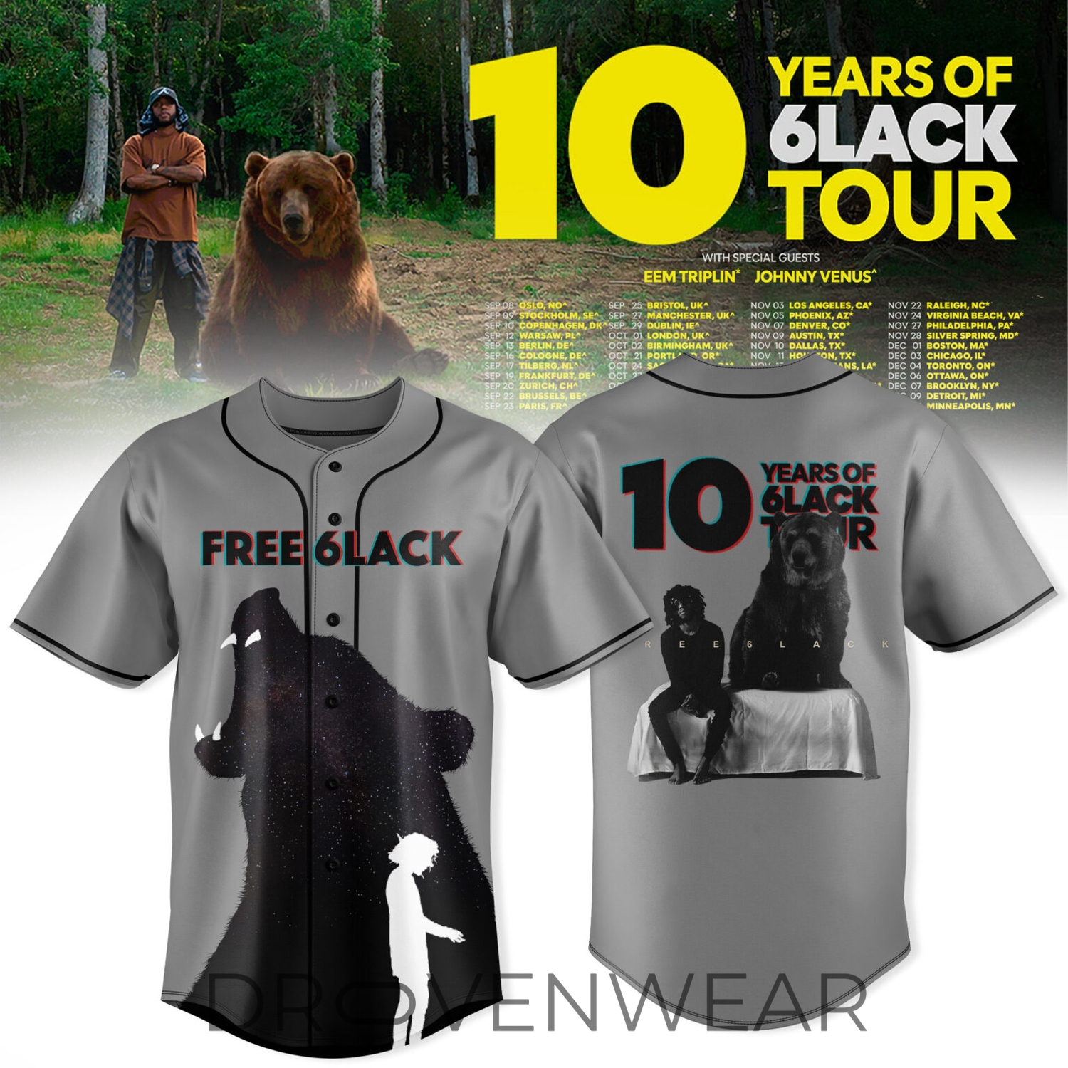 6LACK 10 Years Celebration World Tour Baseball Jersey 6LACK 10 Years Celebration World Tour Baseball Jersey