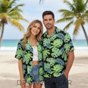 Black Monstera Leaf Tropical Hawaiian Shirt for Men and Women