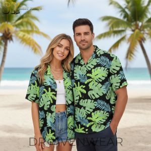 Black Monstera Leaf Tropical Hawaiian Shirt for Men and Women by Drovenwear.com