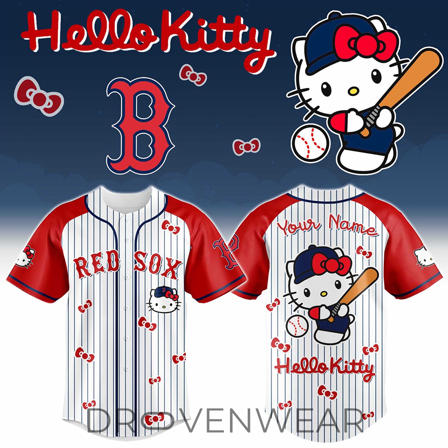 Boston Red Sox Hello Kitty Custom Name 3D Baseball Jersey Boston Red Sox Hello Kitty Custom Name 3D Baseball Jersey