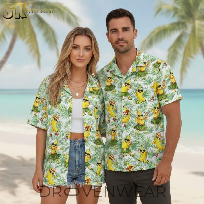 Dancing Banana Yellow Hawaiian Shirt Men - Tropical Cartoon Print with Sunglasses - Image 3