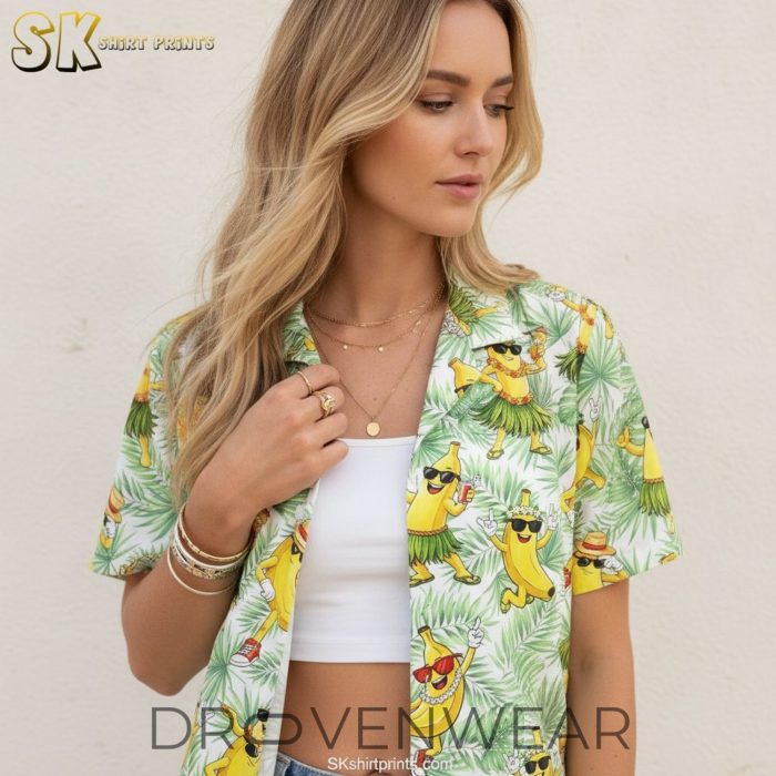 Dancing Banana Yellow Hawaiian Shirt Men - Tropical Cartoon Print with Sunglasses - Image 4