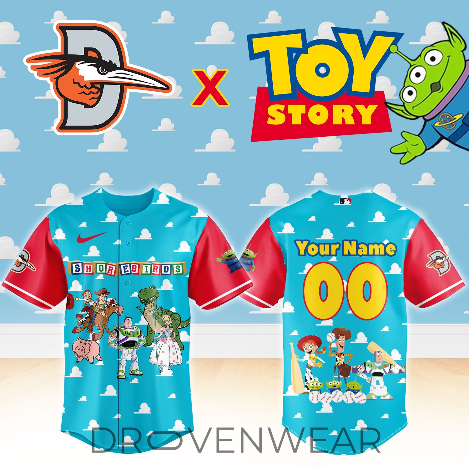 Delmarva Shorebirds Toy Story Special Event Baseball Jersey Delmarva Shorebirds Toy Story Special Event Baseball Jersey