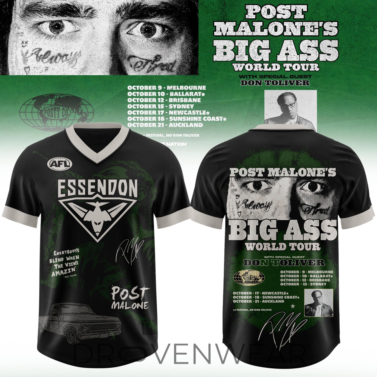 Essendon FC Post Malone World Tour 2026 Tribute Football Jersey Essendon FC Post Malone World Tour 2026 Tribute Football Jersey
