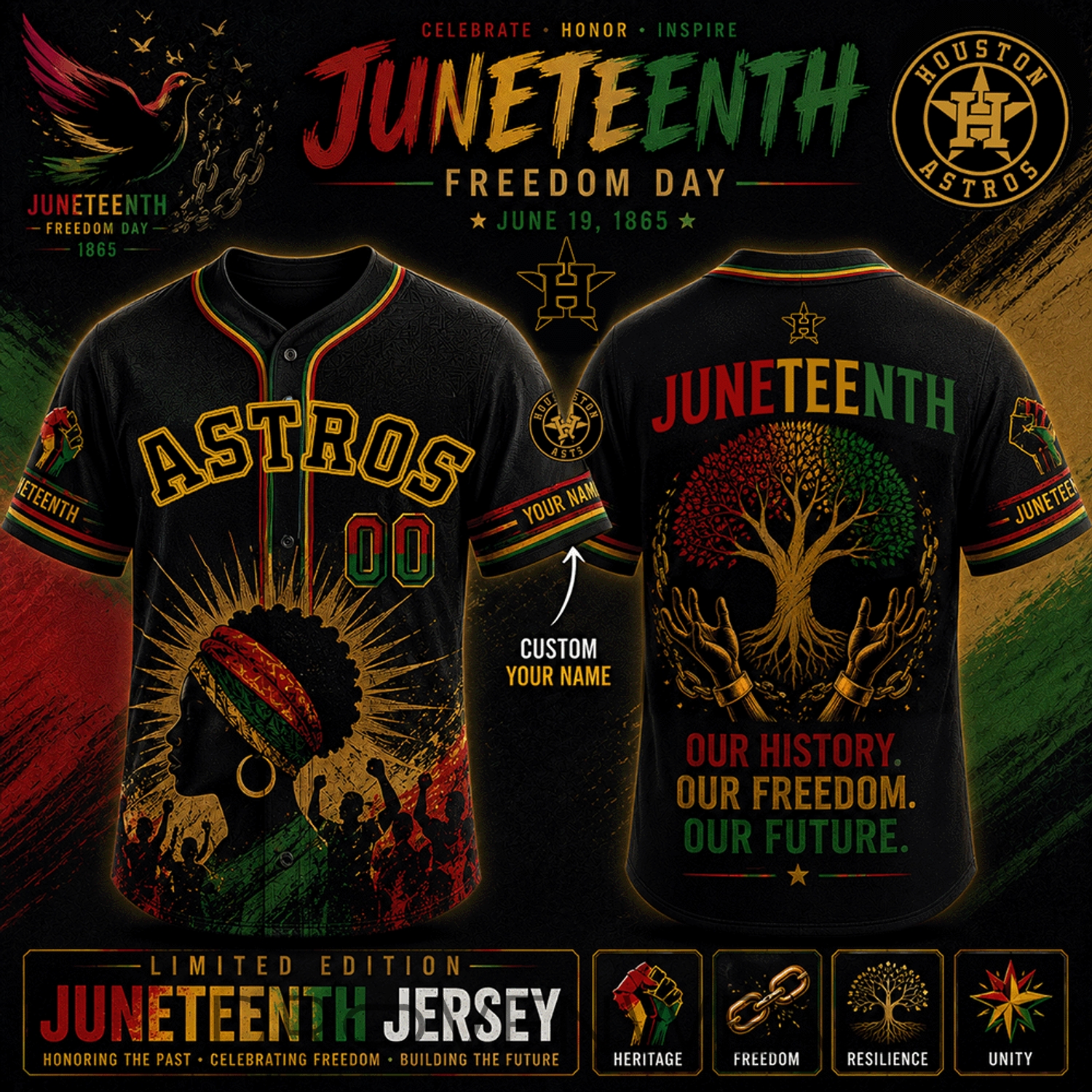 Houston Astros Juneteenth Freedom Celebration 1865 Personalized 3D Baseball Jersey Houston Astros Juneteenth Freedom Celebration 1865 Personalized 3D Baseball Jersey