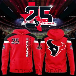 Houston Texans Red 25th Season Anniversary Pullover Hoodie by Drovenwear.com