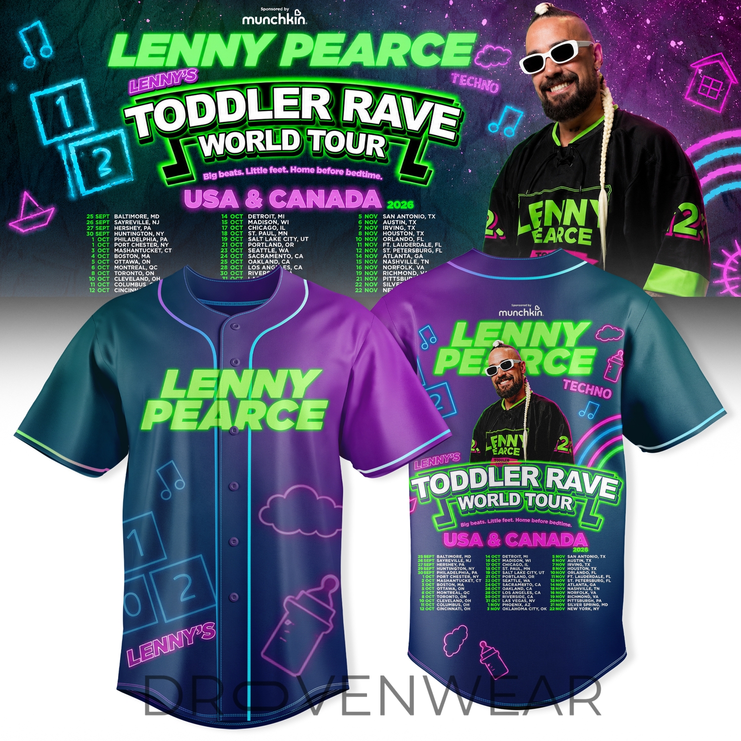 Lenny Pearce Toddler Rave World Tour Fan Baseball Jersey Lenny Pearce Toddler Rave World Tour Fan Baseball Jersey