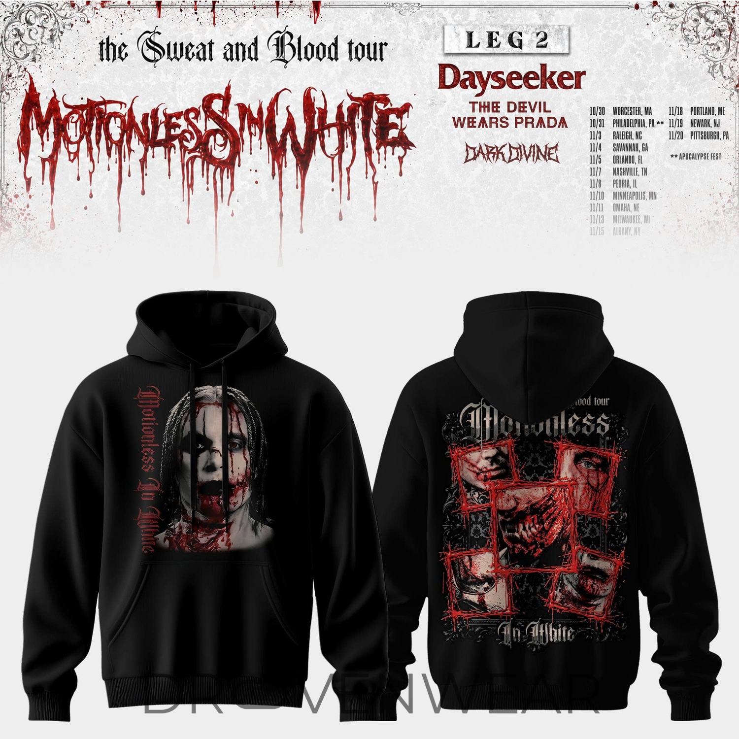 Motionless In White Sweat & Blood World Tour 2026 Pullover Hoodie Motionless In White Sweat & Blood World Tour 2026 Pullover Hoodie