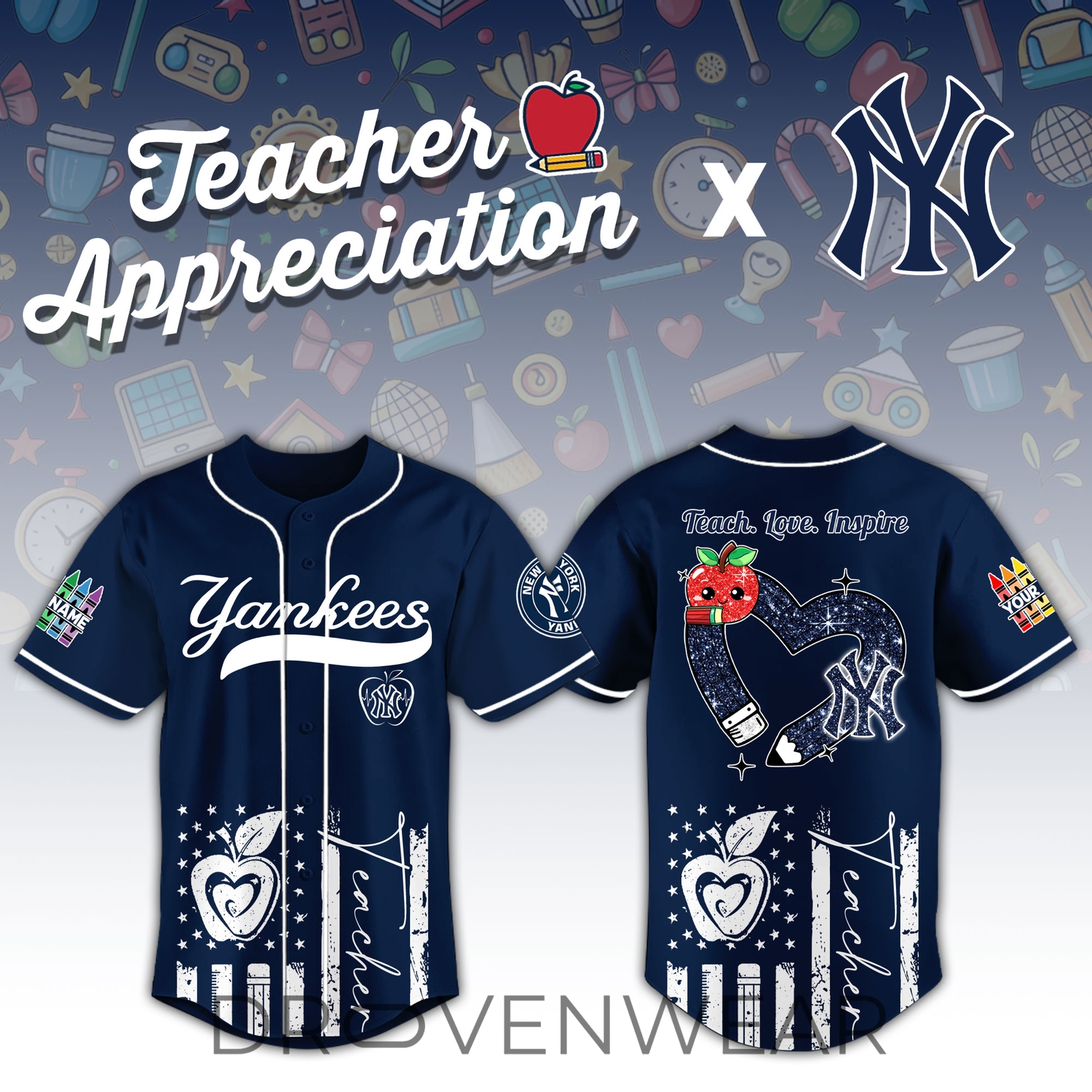 New York Yankees Teacher Appreciation Custom 3D Baseball Jersey New York Yankees Teacher Appreciation Custom 3D Baseball Jersey