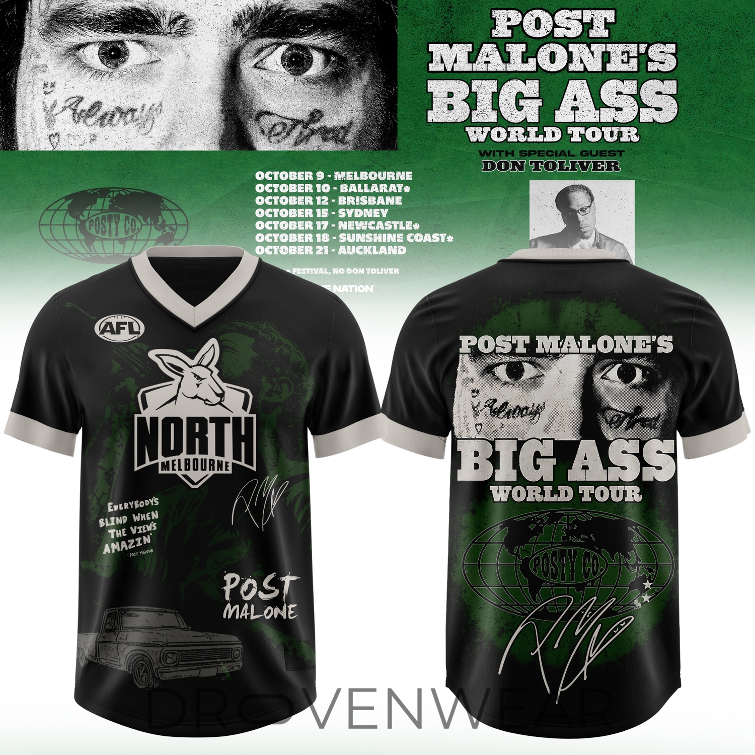 North Melbourne FC Post Malone Big Ass World Tour Jersey North Melbourne FC Post Malone Big Ass World Tour Jersey