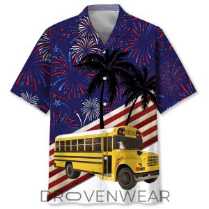 Patriotic 4th Of July School Bus Hawaiian Shirt by Drovenwear.com