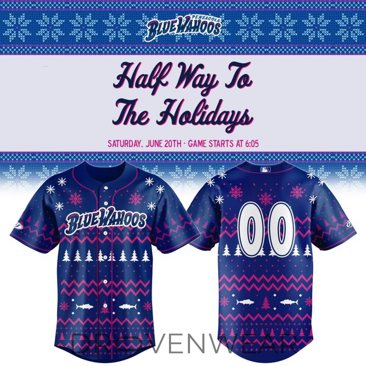 Pensacola Blue Wahoos Halfway to the Holidays Special Jersey 2026 Pensacola Blue Wahoos Halfway to the Holidays Special Jersey 2026